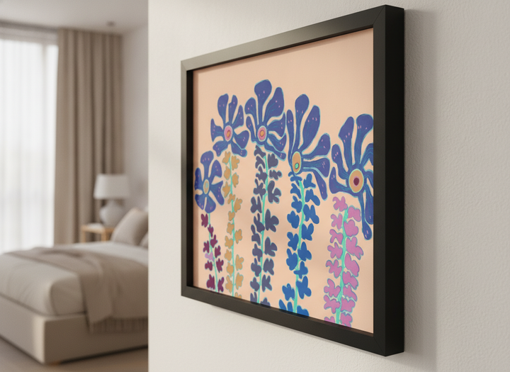 Minimalist artwork displayed in a calm, light-filled bedroom interior