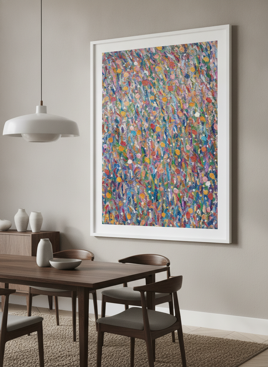 Wall art styled above a dining table in a contemporary home