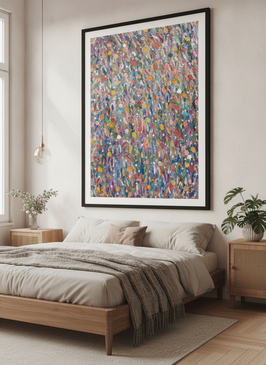 Minimalist artwork displayed in a calm, light-filled bedroom interior