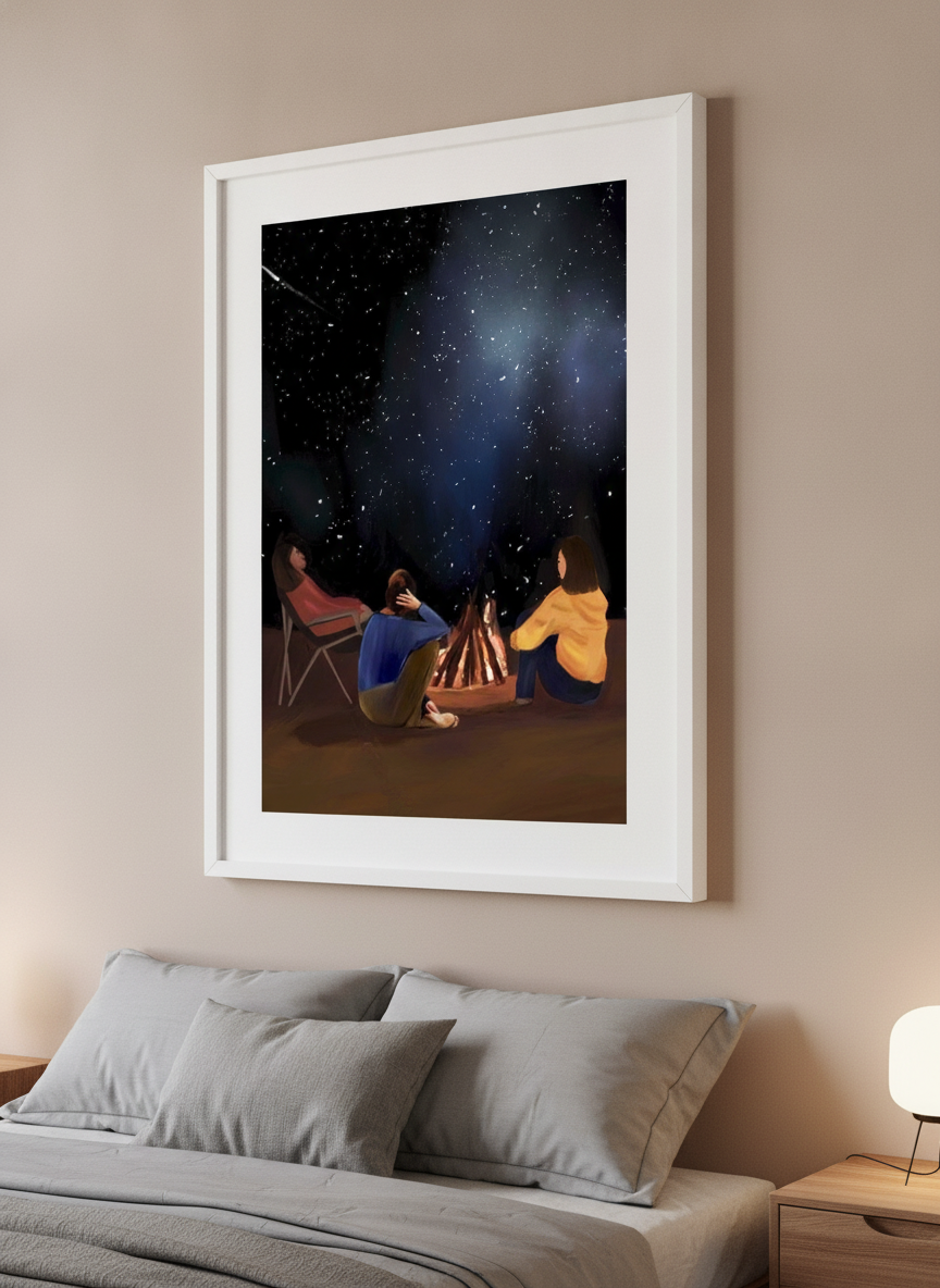 Minimalist artwork displayed in a calm, light-filled bedroom interior