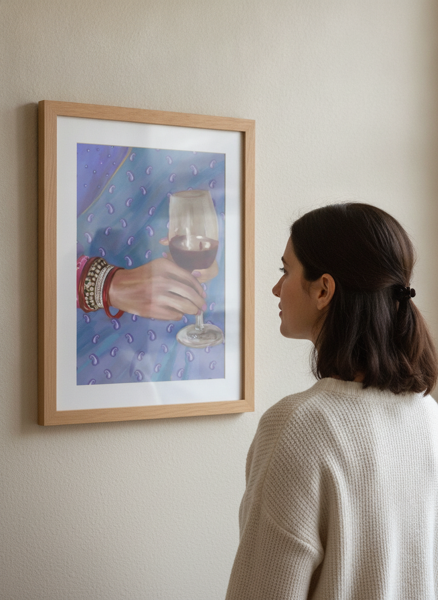 Person showcasing the artwork against a clean modern interior wall