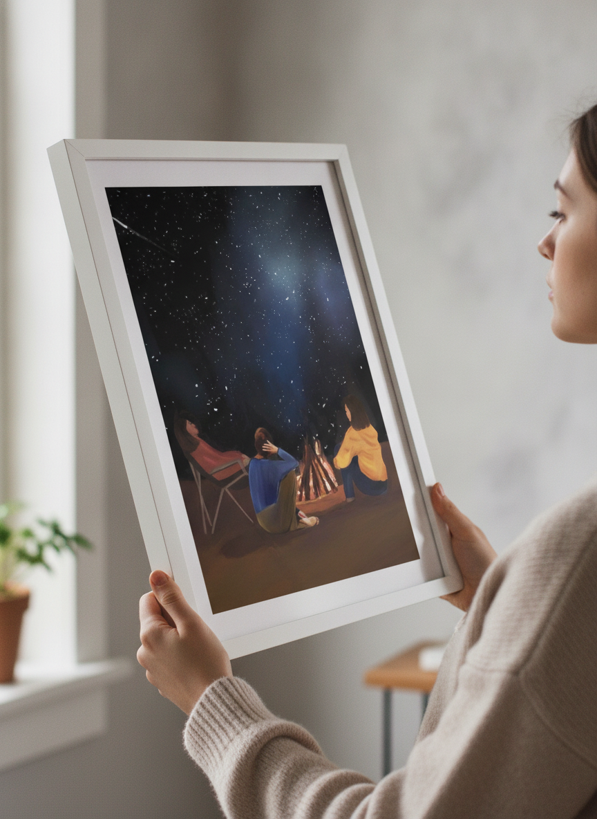 Person showcasing the artwork against a clean modern interior wall