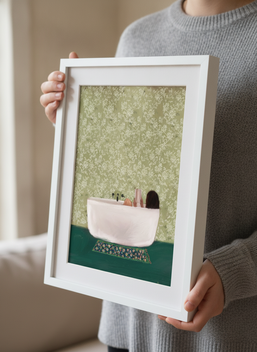 Person showcasing the artwork against a clean modern interior wall