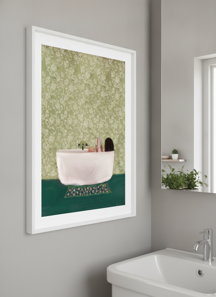 Modern print displayed in a clean minimalist bathroom setting