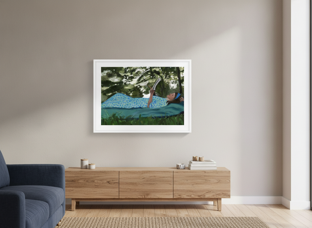 Artwork displayed above a credenza in a real-looking contemporary home