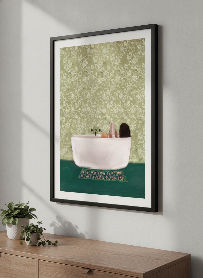 Minimalist artwork displayed in a calm, light-filled bedroom interior