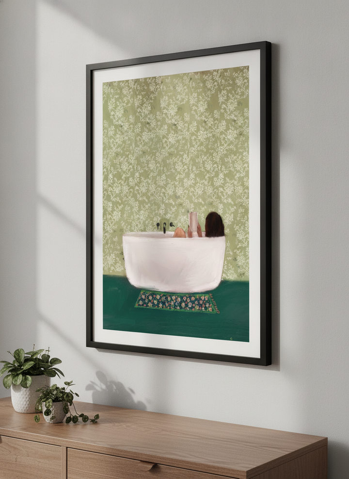 Minimalist artwork displayed in a calm, light-filled bedroom interior