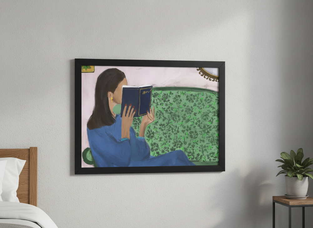 Minimalist artwork displayed in a calm, light-filled bedroom interior