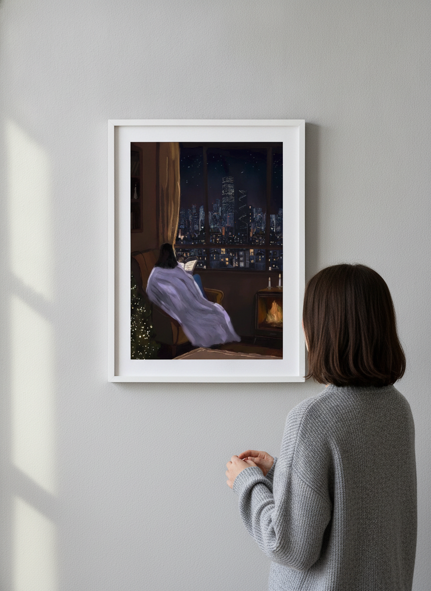 Person showcasing the artwork against a clean modern interior wall