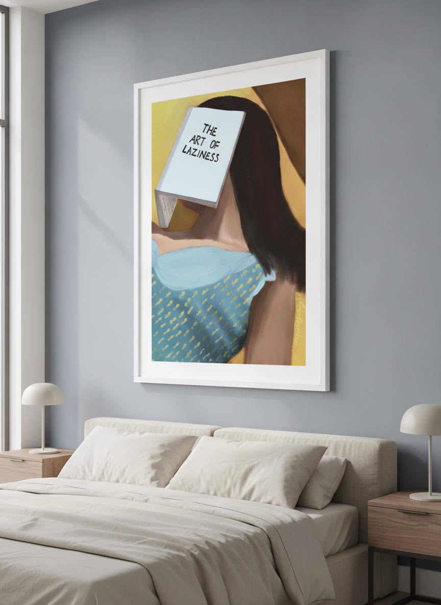 Minimalist artwork displayed in a calm, light-filled bedroom interior