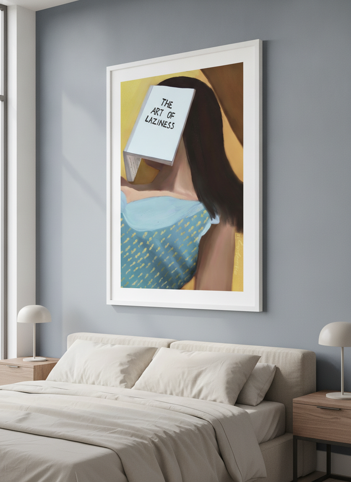 Minimalist artwork displayed in a calm, light-filled bedroom interior