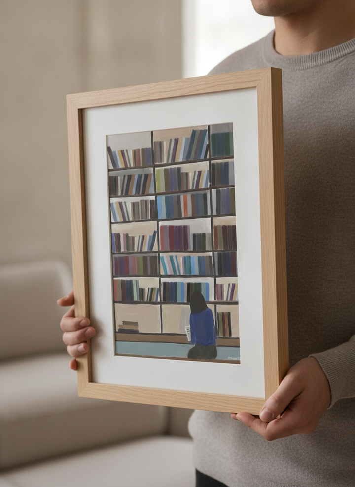 Person showcasing the artwork against a clean modern interior wall