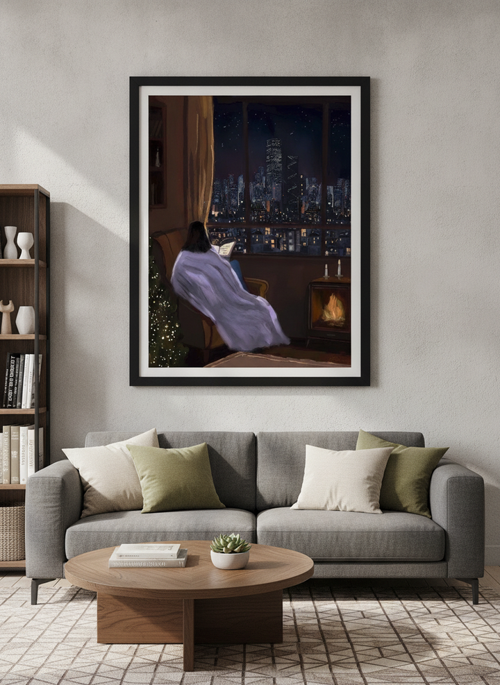 Modern wall art styled above a sofa in a neutral living room