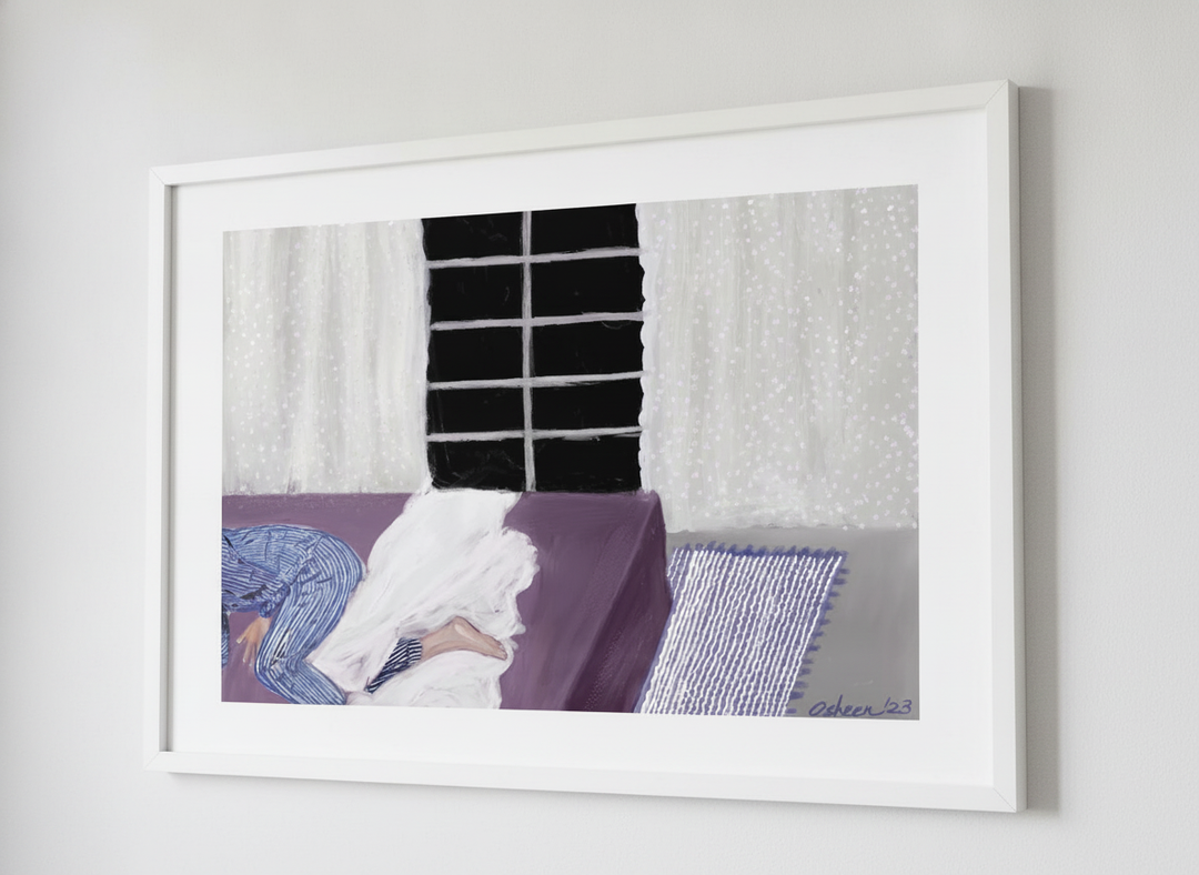 Minimalist artwork displayed in a calm, light-filled bedroom interior