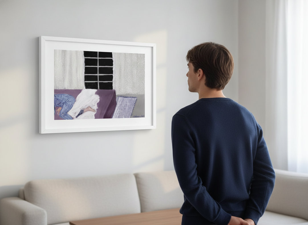 Person showcasing the artwork against a clean modern interior wall