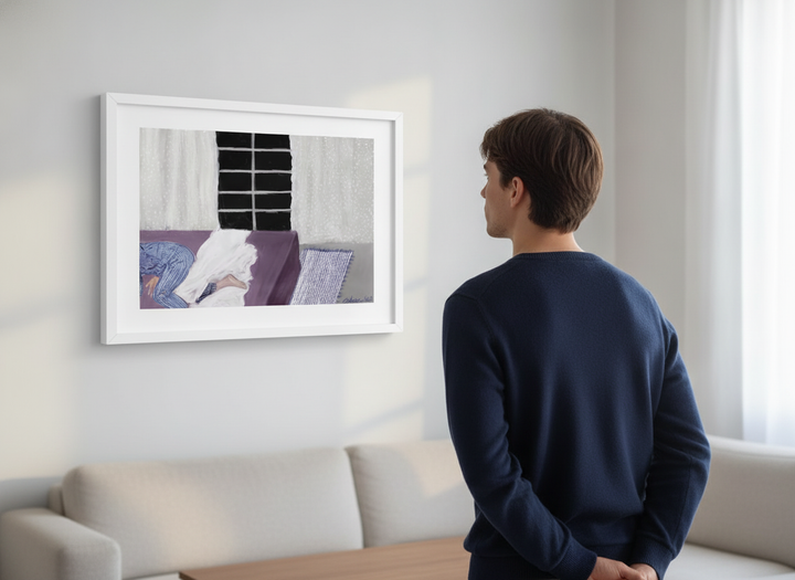 Person showcasing the artwork against a clean modern interior wall