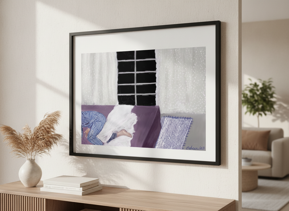 Modern wall art styled above a sofa in a neutral living room