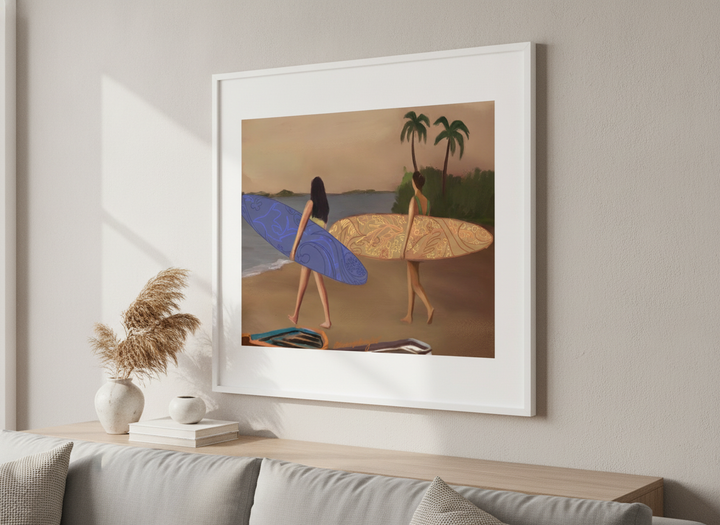 Modern wall art styled above a sofa in a neutral living room
