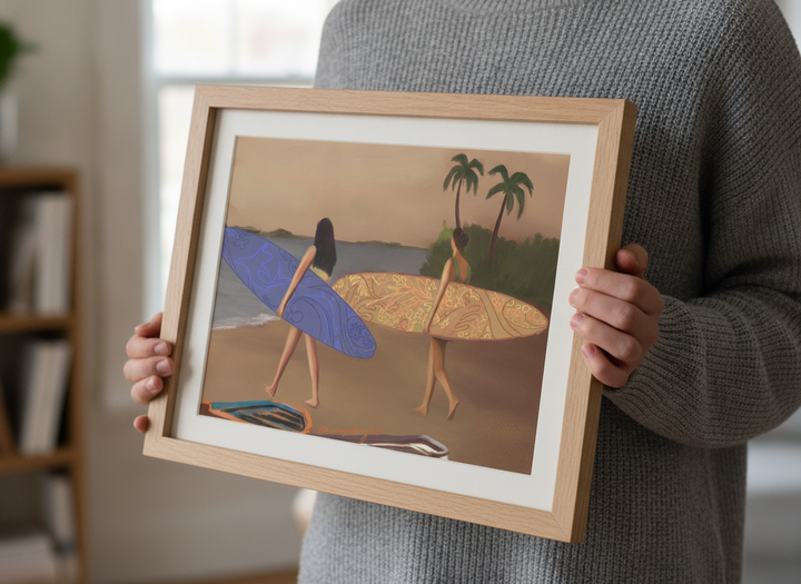 Person showcasing the artwork against a clean modern interior wall