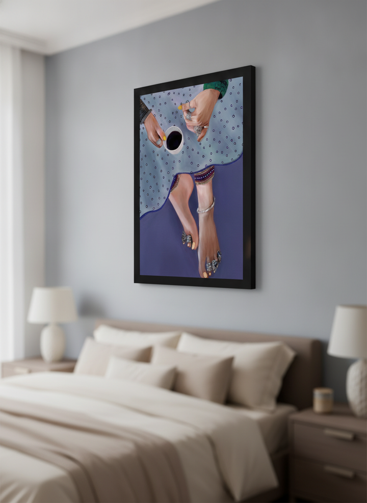Minimalist artwork displayed in a calm, light-filled bedroom interior