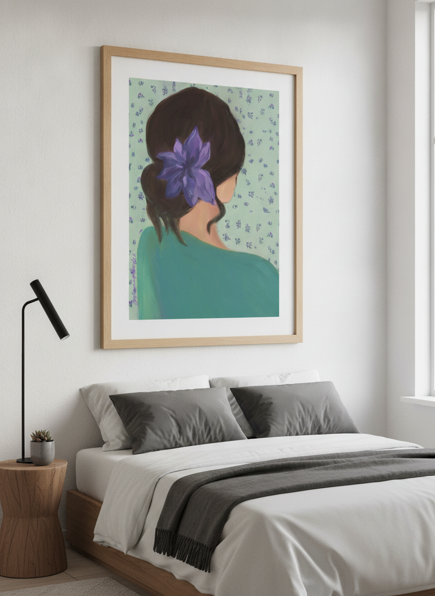 Minimalist artwork displayed in a calm, light-filled bedroom interior