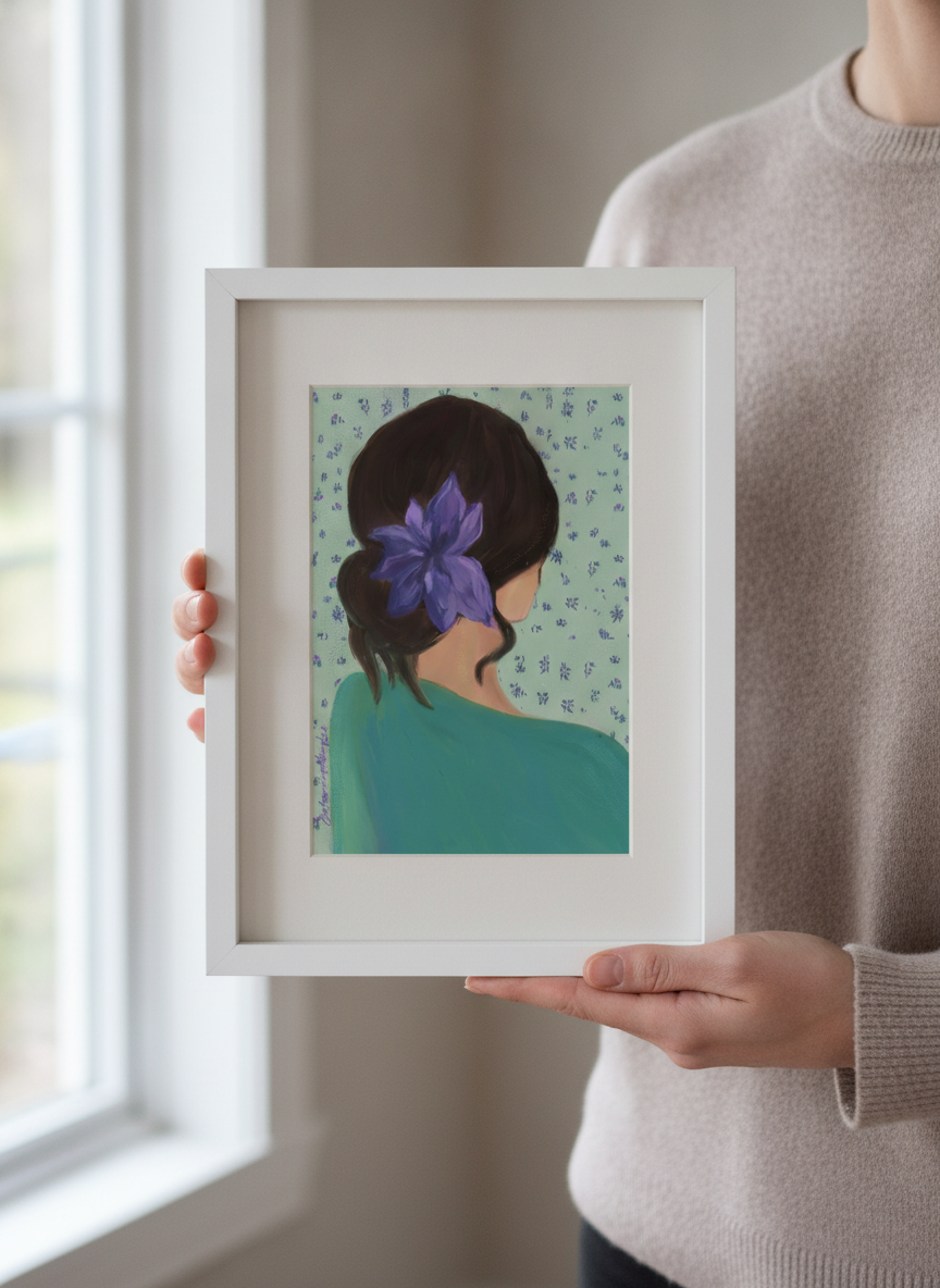 Person showcasing the artwork against a clean modern interior wall