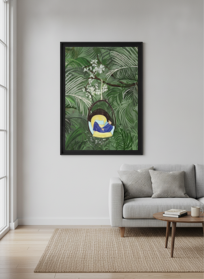 Modern wall art styled above a sofa in a neutral living room
