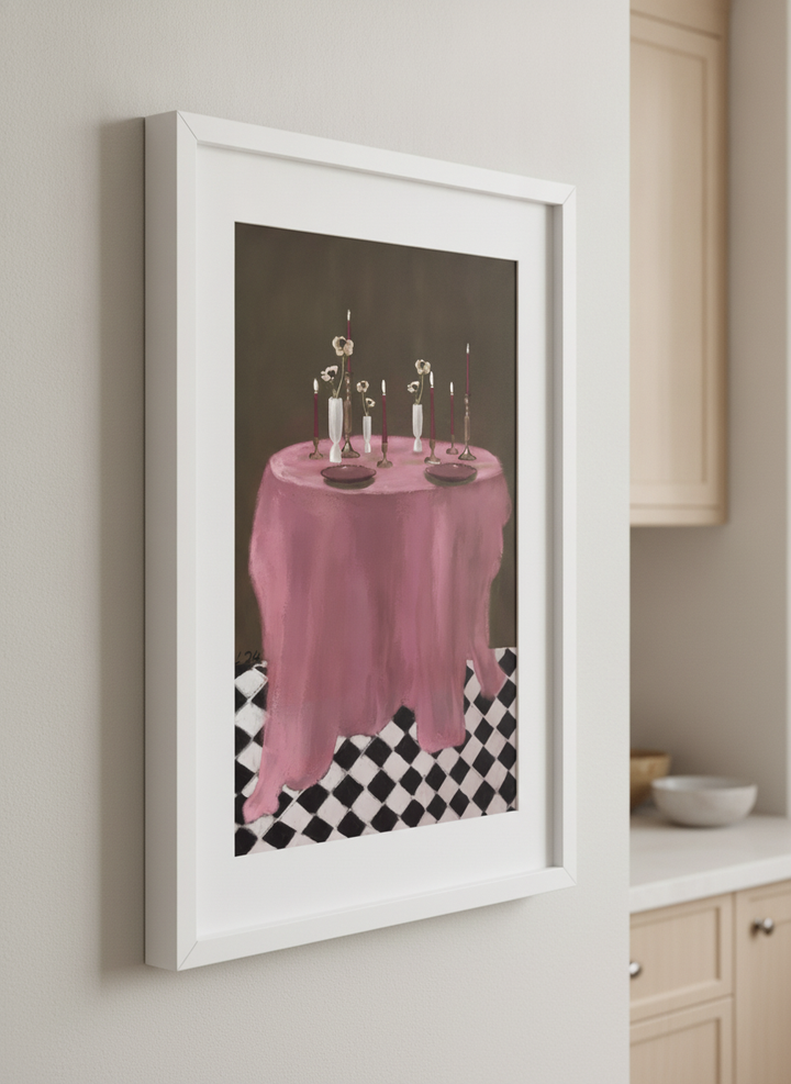 Artwork styled on the wall of a bright modern kitchen