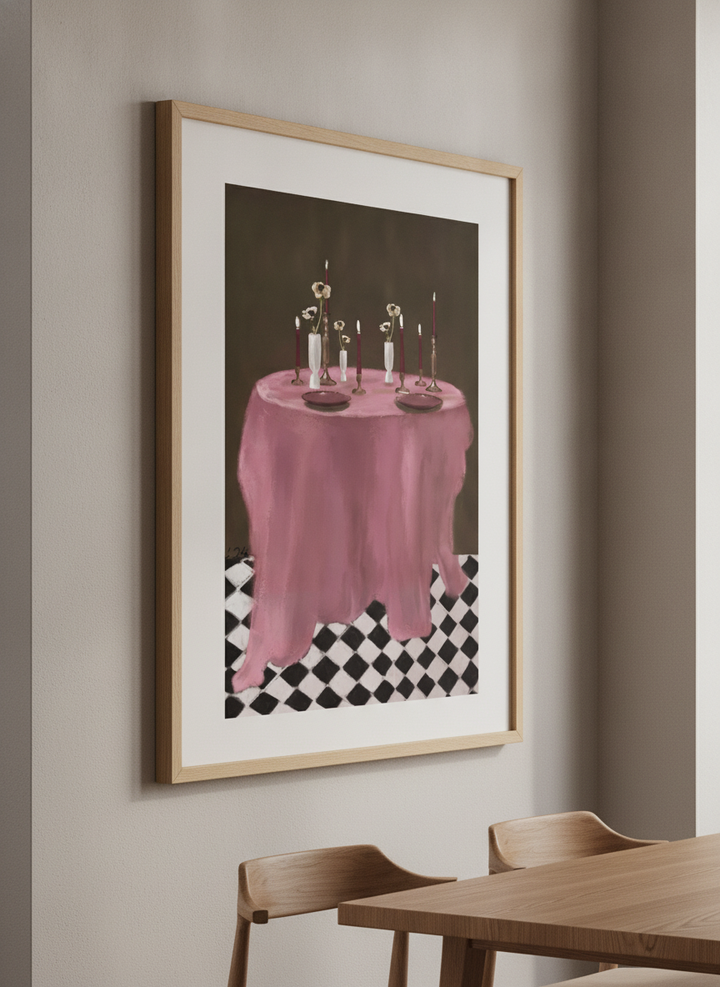Wall art styled above a dining table in a contemporary home