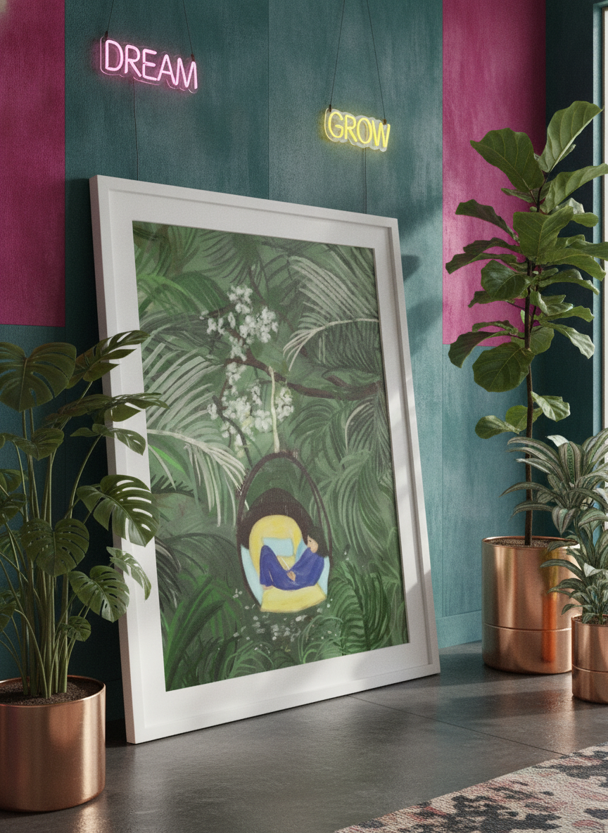 Bold wall art styled in a colourful, eclectic modern home