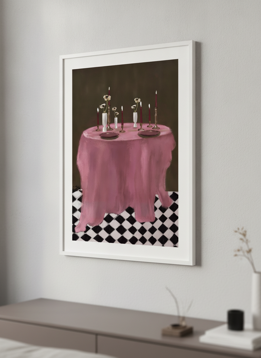 Minimalist artwork displayed in a calm, light-filled bedroom interior