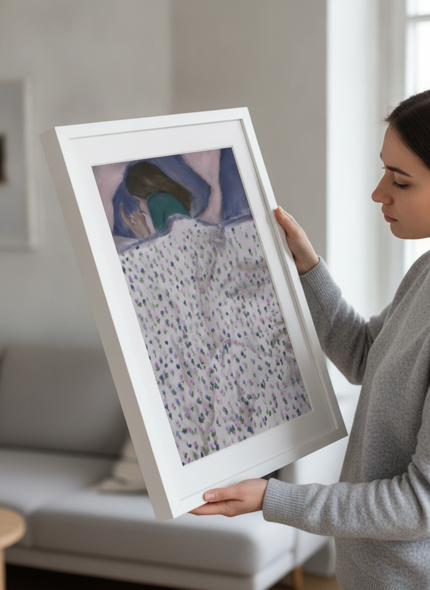 Person showcasing the artwork against a clean modern interior wall