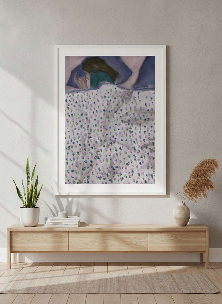 Modern wall art styled above a sofa in a neutral living room