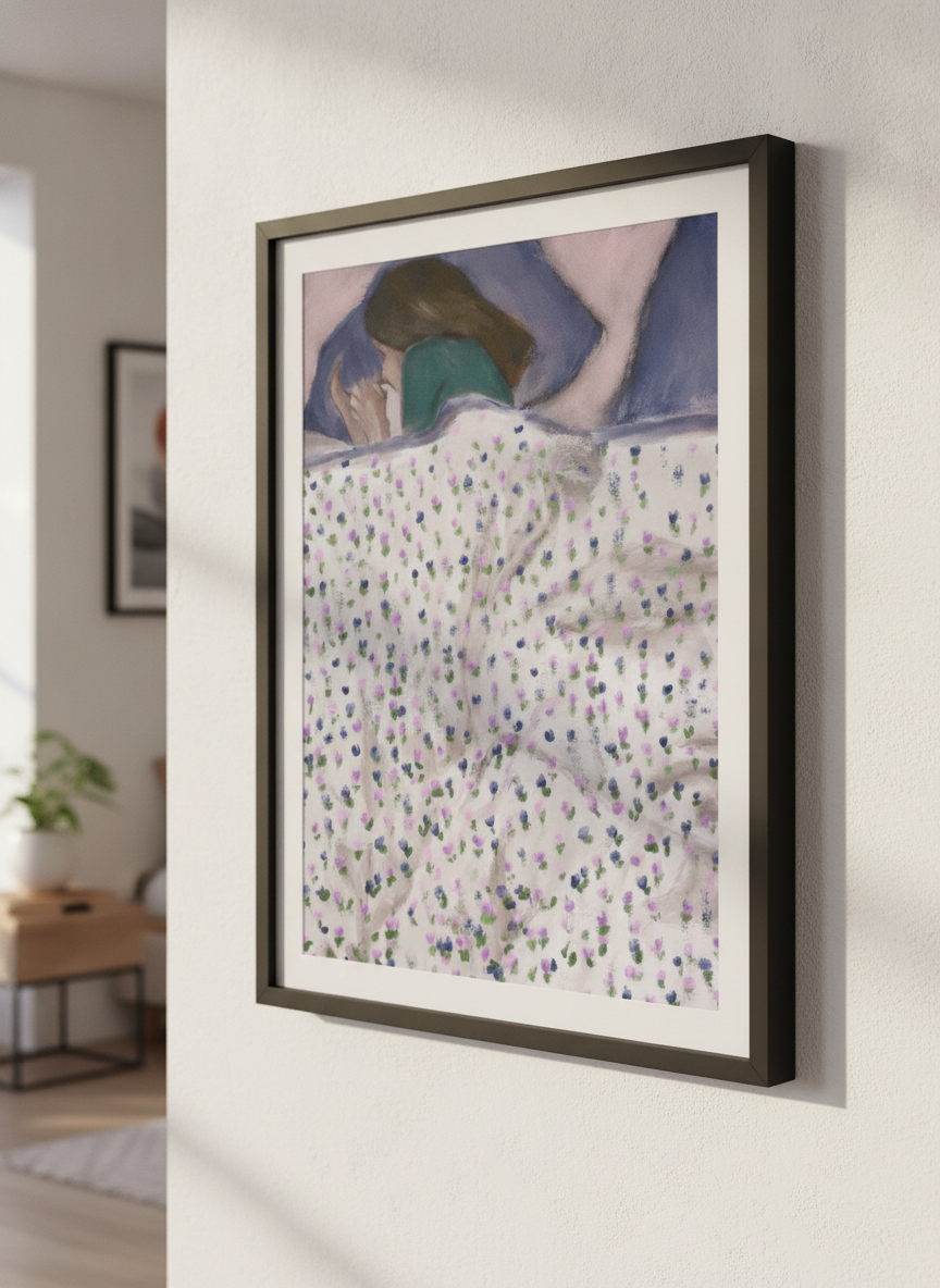 Minimalist artwork displayed in a calm, light-filled bedroom interior