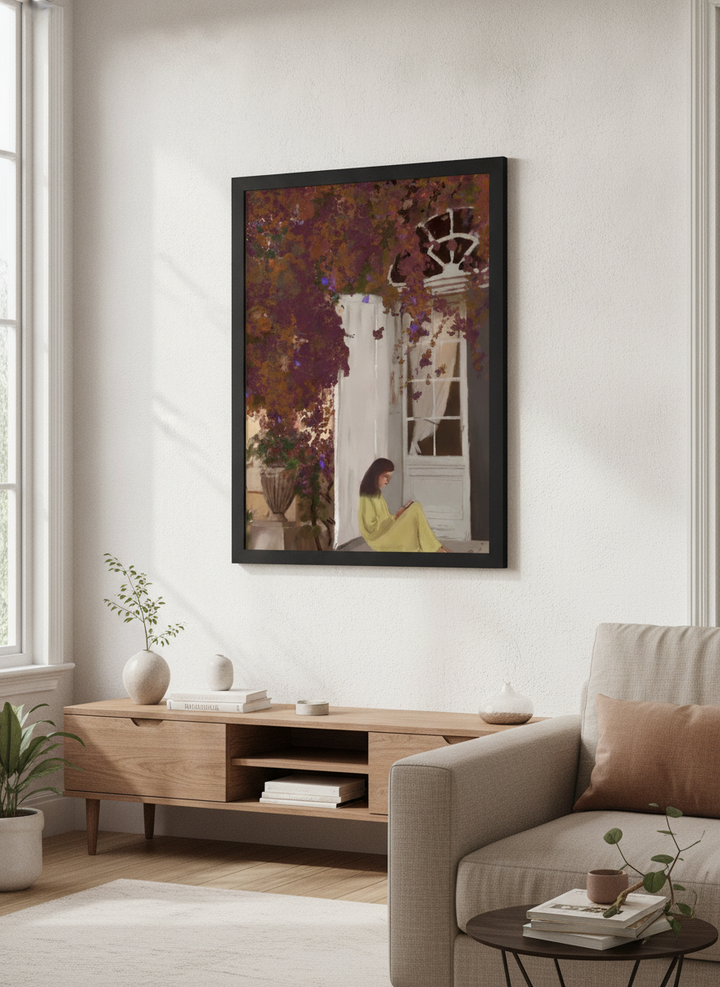 Artwork displayed above a credenza in a real-looking contemporary home