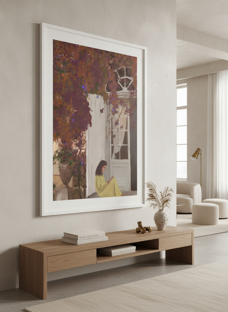 Monumental artwork centred on a feature wall in a luxe interior