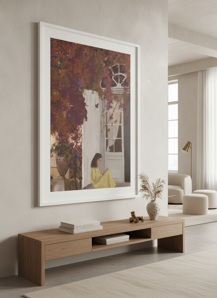 Monumental artwork centred on a feature wall in a luxe interior