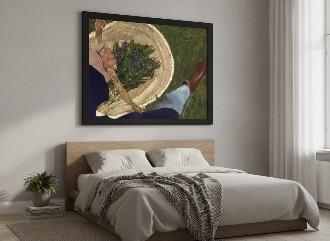 Minimalist artwork displayed in a calm, light-filled bedroom interior