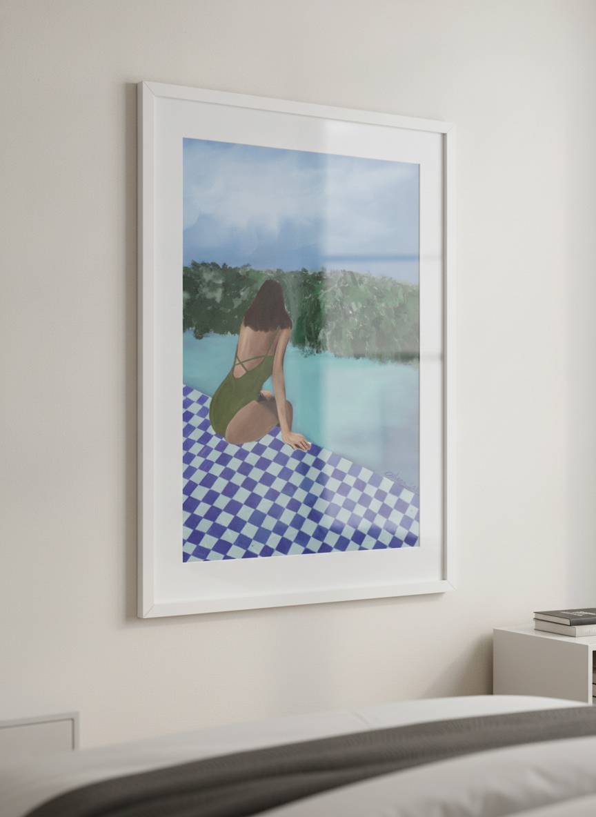 Minimalist artwork displayed in a calm, light-filled bedroom interior