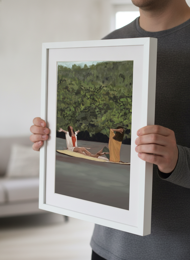 Person showcasing the artwork against a clean modern interior wall