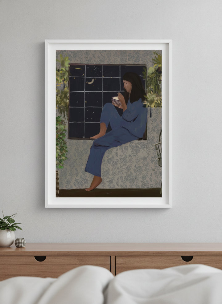 Minimalist artwork displayed in a calm, light-filled bedroom interior