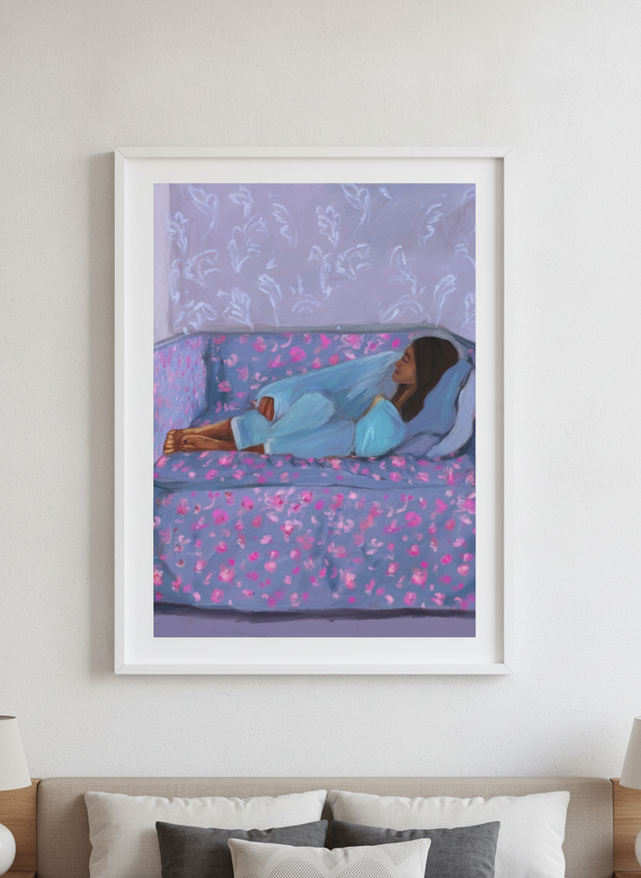 Minimalist artwork displayed in a calm, light-filled bedroom interior