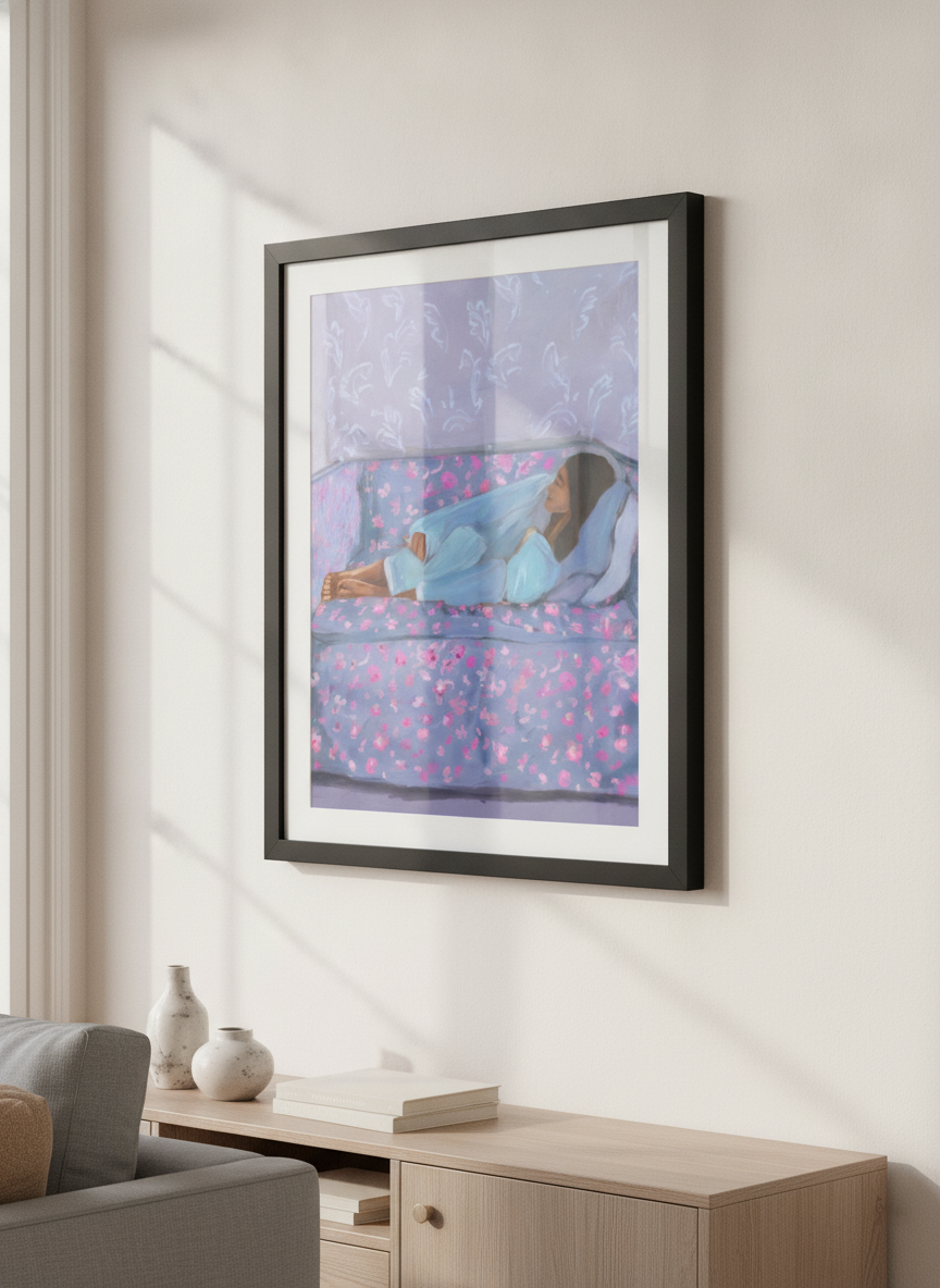 Artwork displayed above a credenza in a real-looking contemporary home