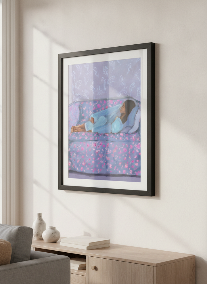 Artwork displayed above a credenza in a real-looking contemporary home