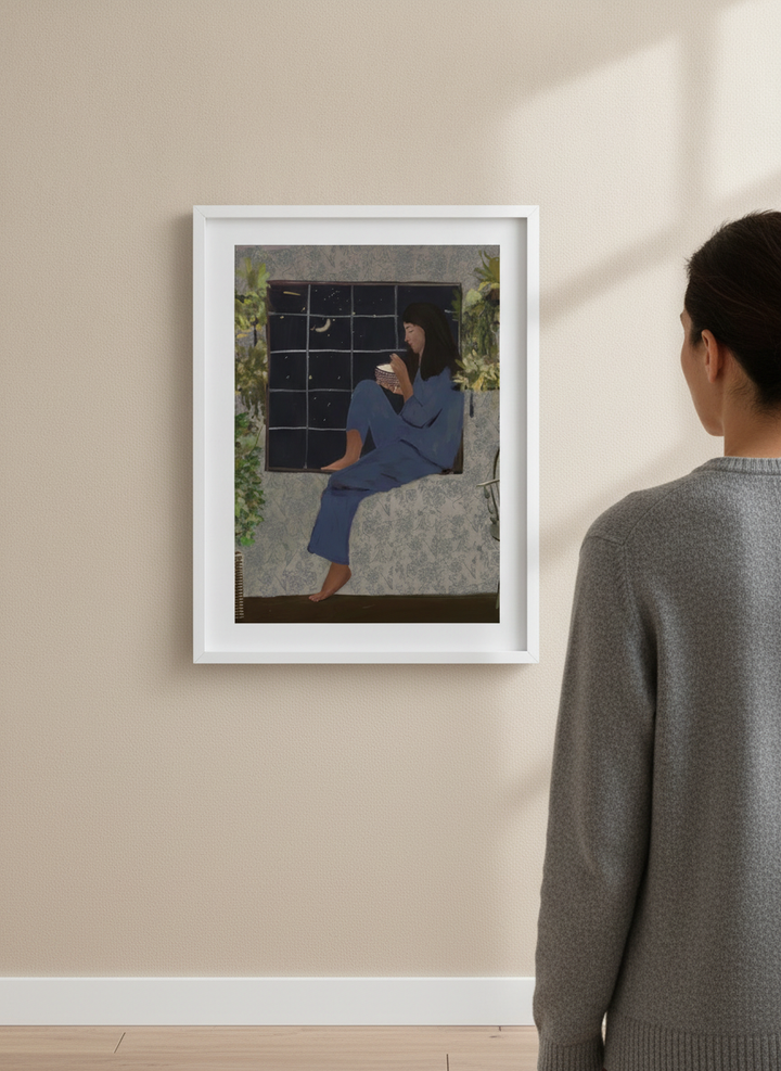 Person showcasing the artwork against a clean modern interior wall