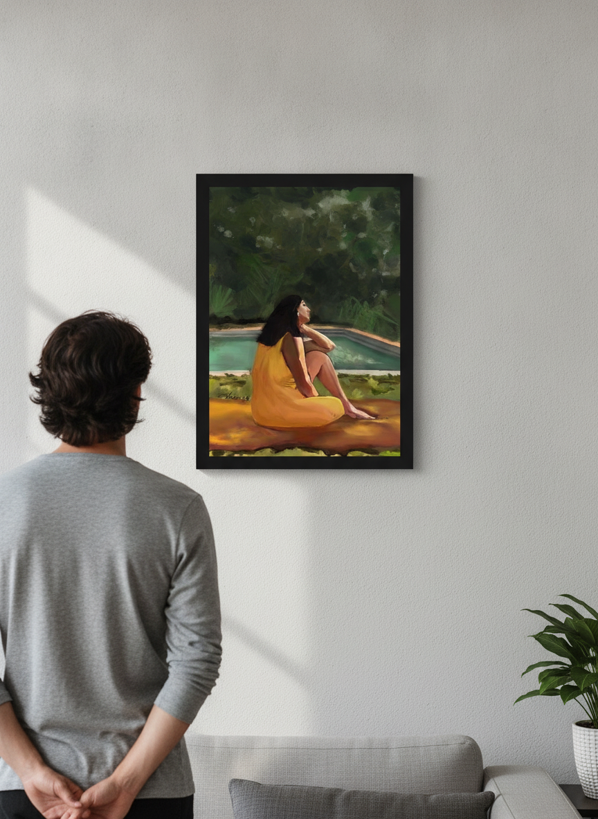 Person showcasing the artwork against a clean modern interior wall