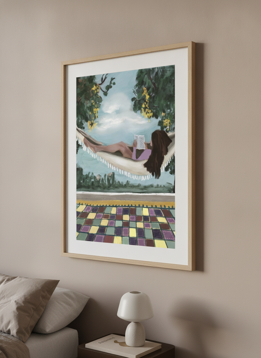Minimalist artwork displayed in a calm, light-filled bedroom interior
