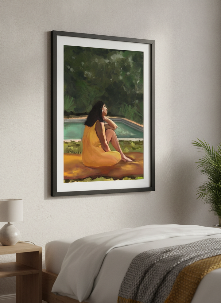 Minimalist artwork displayed in a calm, light-filled bedroom interior