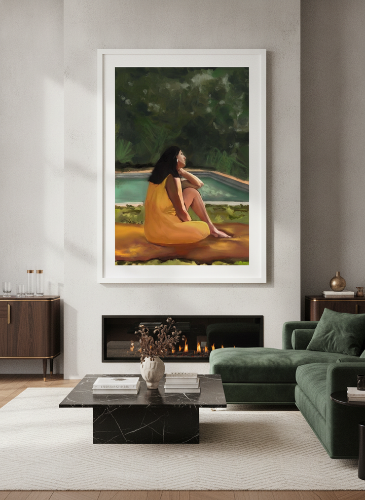 Monumental artwork centred on a feature wall in a luxe interior