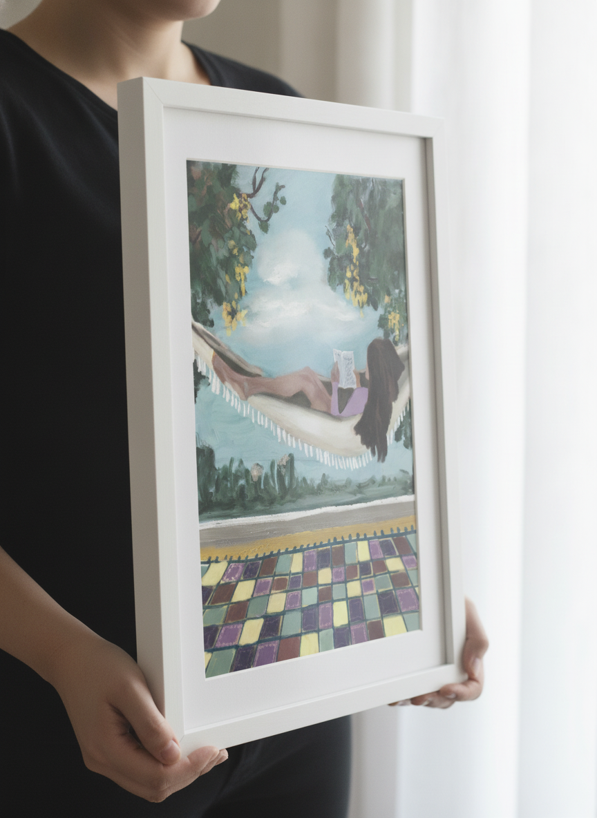 Person showcasing the artwork against a clean modern interior wall
